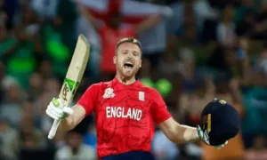 jos buttler celebrating england's win over india in the semi final of t20 world cup 2022