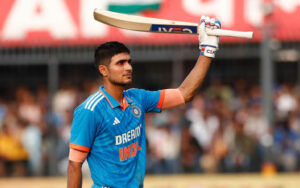 Shubman celebrating his century in cricket world cup 2023